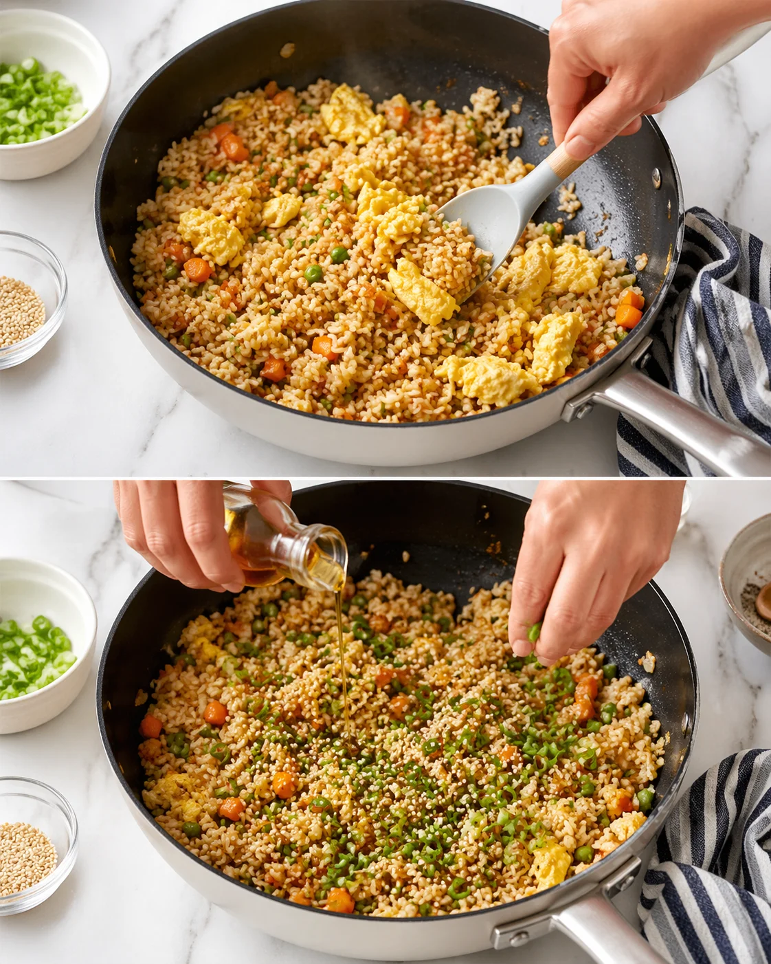 Skillet of fried rice with carrots, peas, and scrambled eggs being stirred; ingredients and bowls nearby.