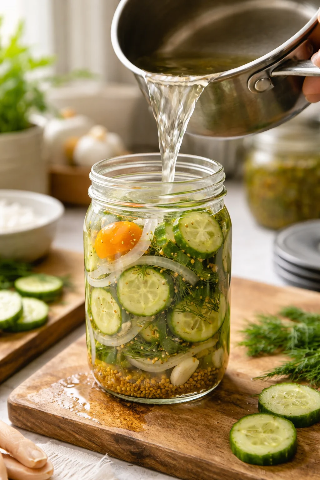 Close-up of a mason jar layered with cucumber rounds, onion slices, dill, and seeds as brine is poured.