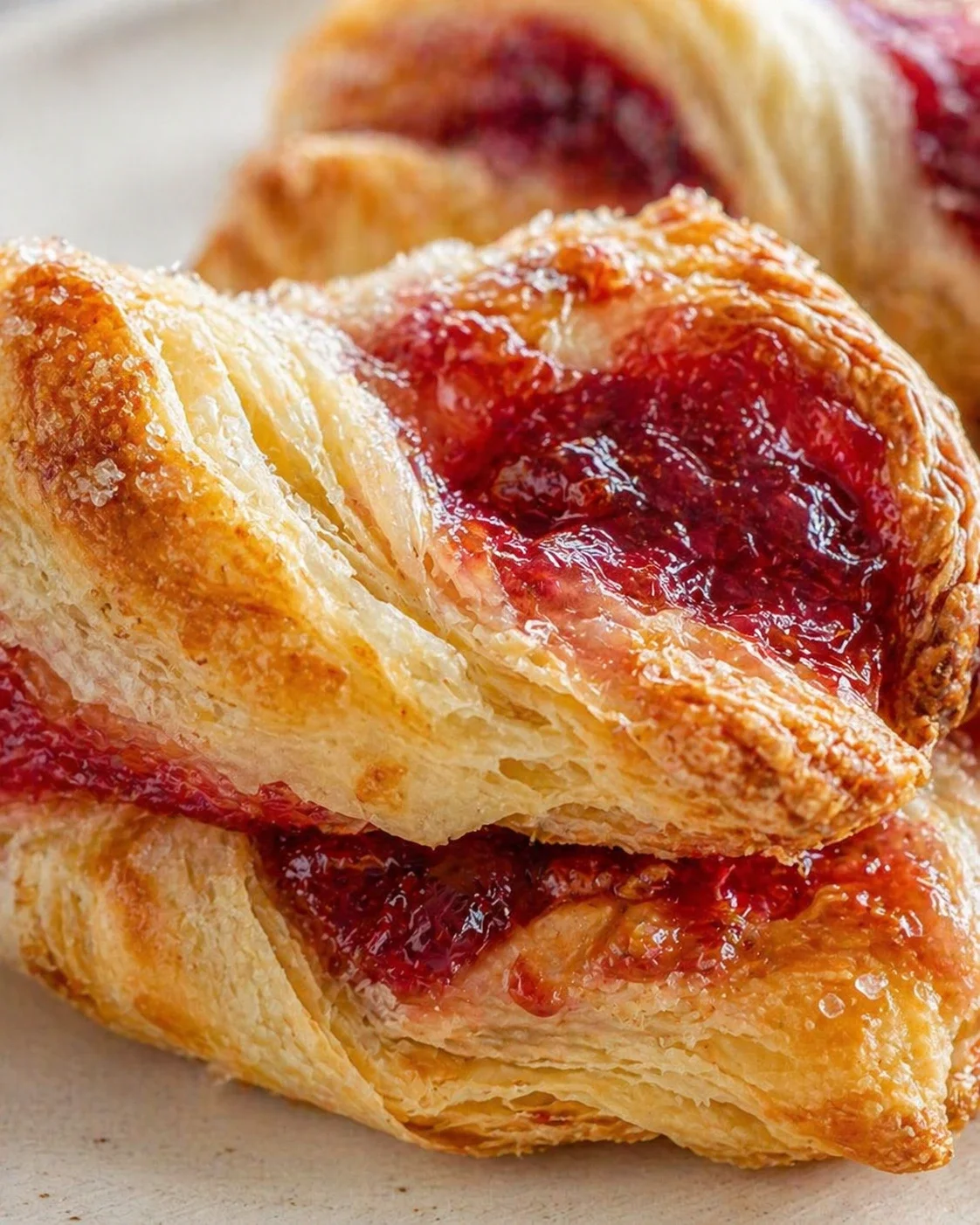 Close-up of a flaky croissant with bright raspberry jam filling