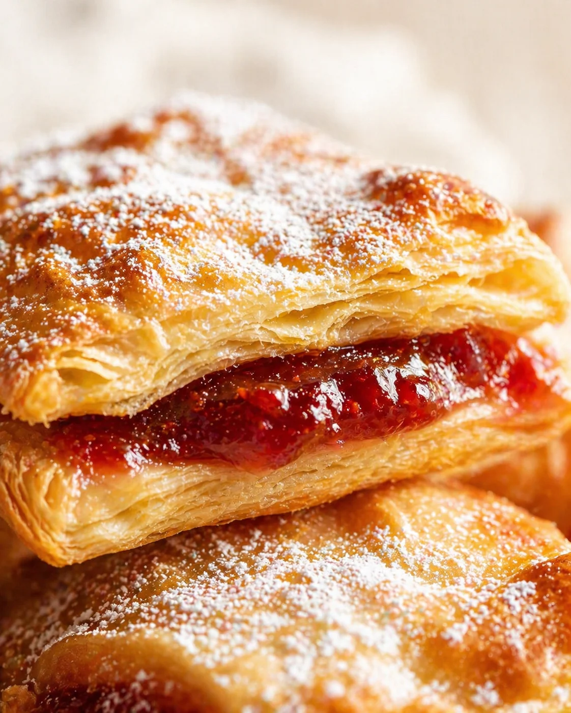 Golden flaky Danish pastry with raspberry jam filling, dusted with powdered sugar