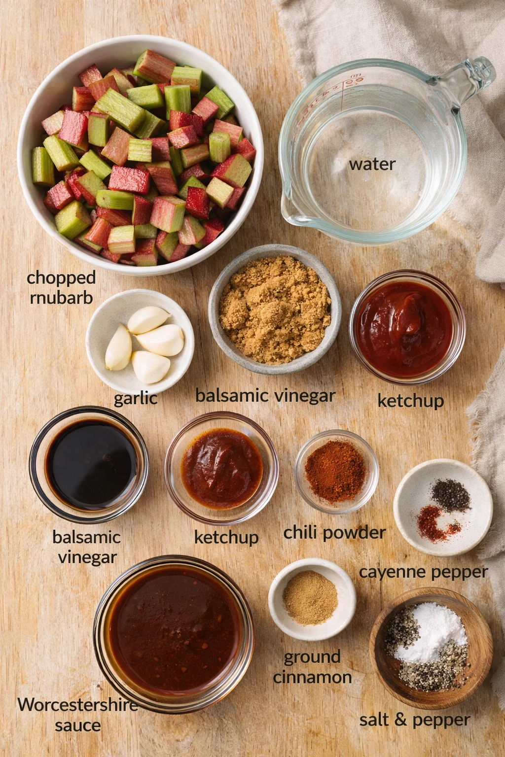 Overhead view of chopped rhubarb and labeled ingredients arranged on a wooden board.
