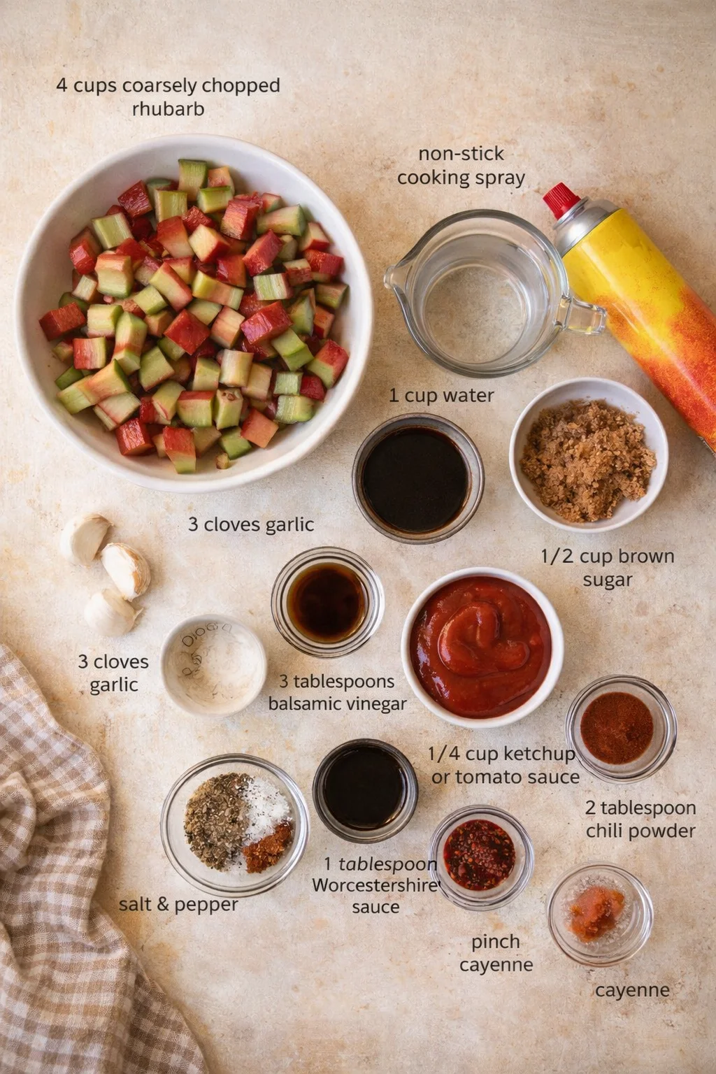 Chopped rhubarb in a white bowl surrounded by labeled ingredients for rhubarb BBQ sauce on a light countertop.