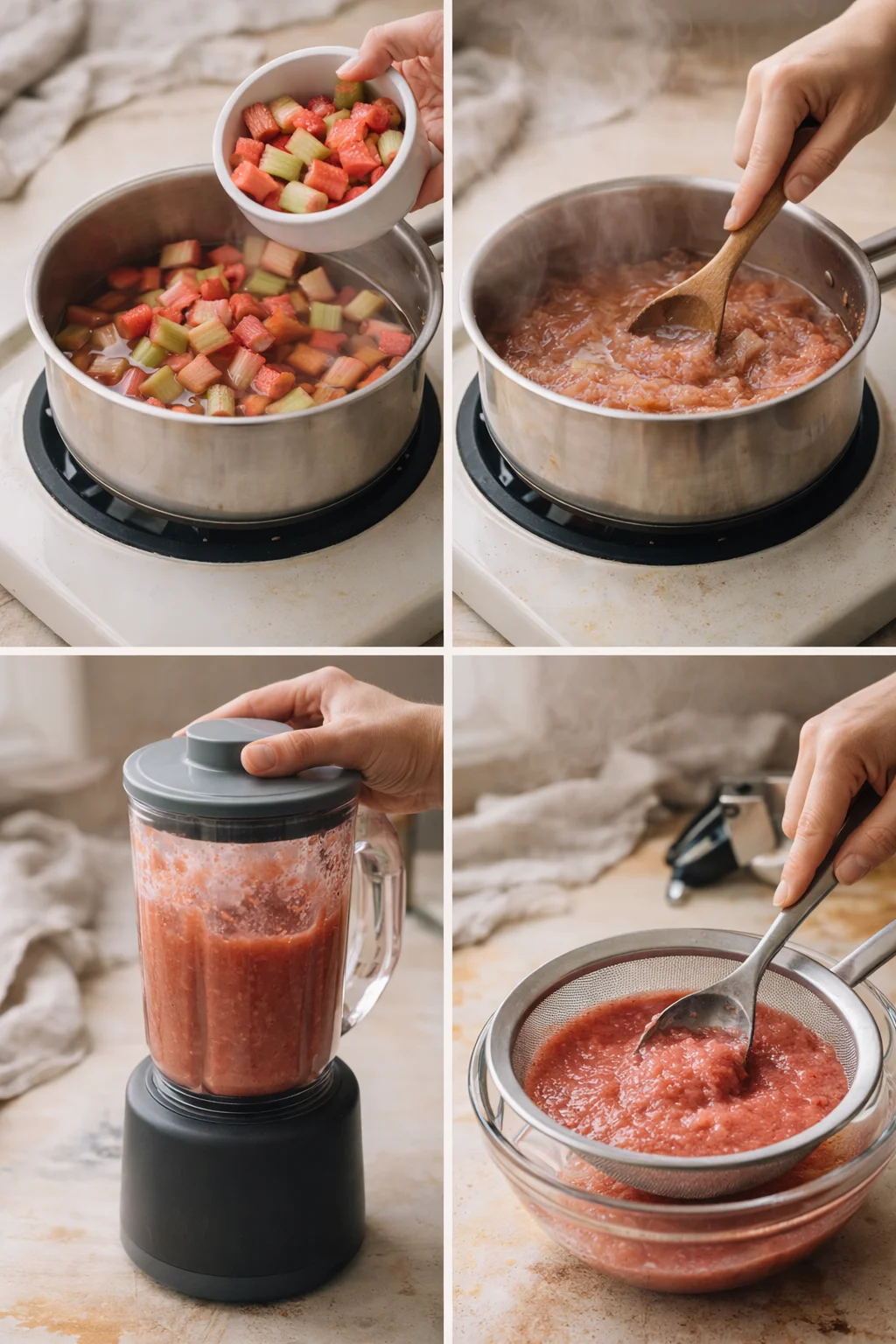Four-panel collage showing rhubarb cubes being dumped into a pot, simmered into a pink sauce, blended into puree, and strained.