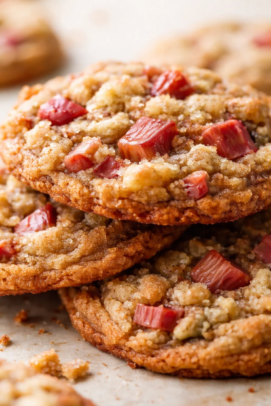 Close-up of crumbly cookies studded with red rhubarb chunks on parchment