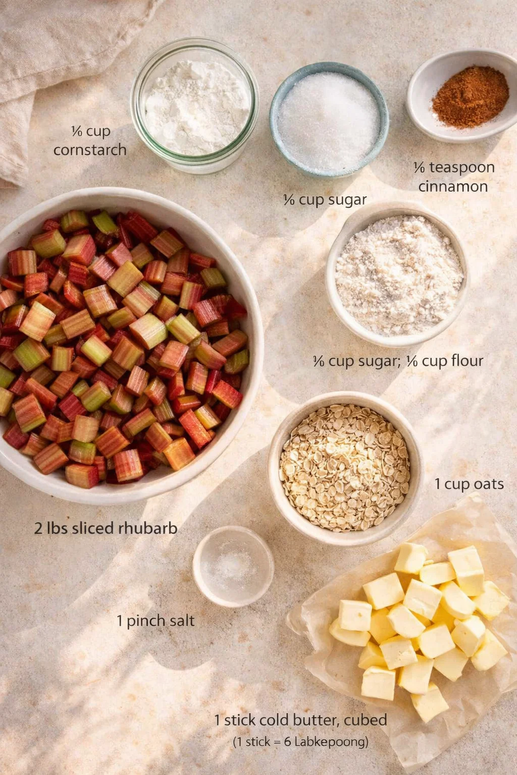 Overhead view of rhubarb crumble ingredients with bowls of oats, flour, sugar, cornstarch, cinnamon, butter, and rhubarb.