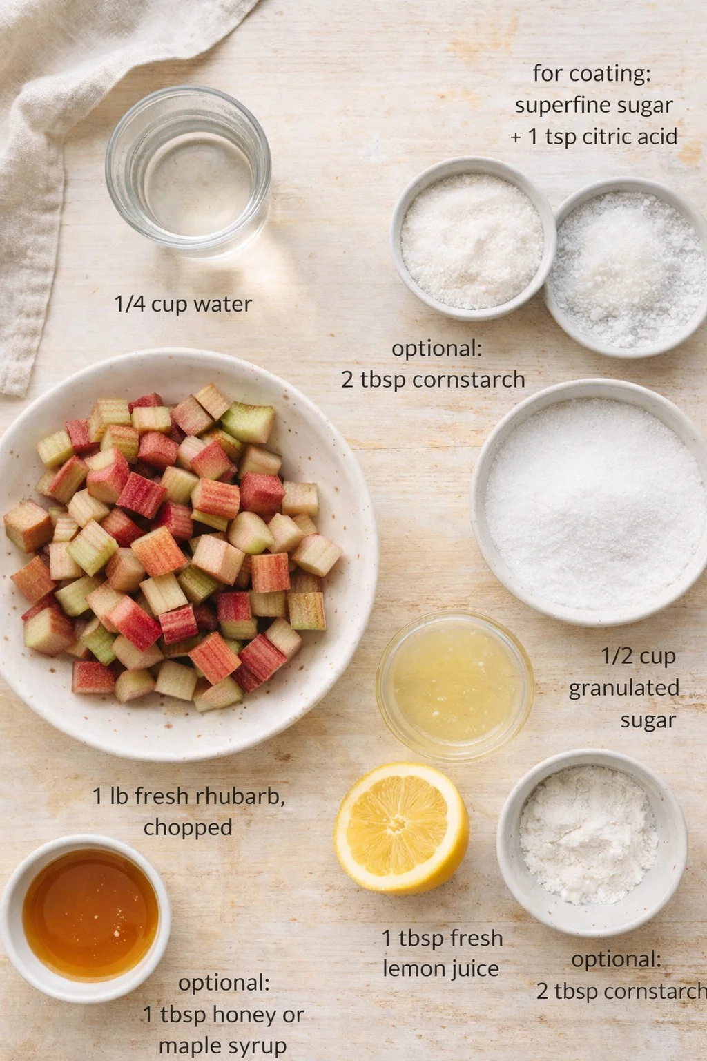 overhead view of chopped rhubarb with bowls of sugar, lemon juice, water, and cornstarch on a light wooden surface