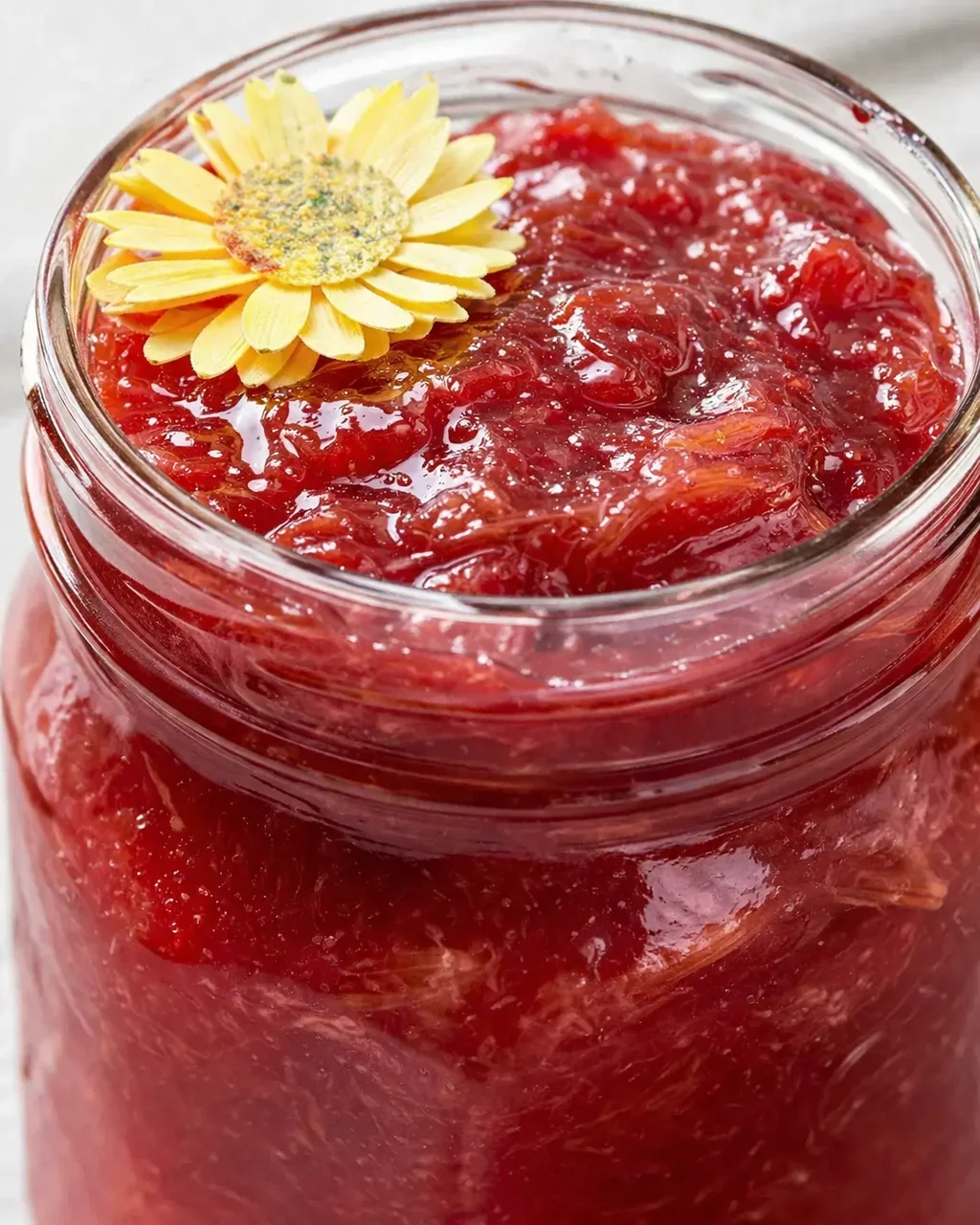 Close-up of vibrant red rhubarb jam topped with a decorative flower