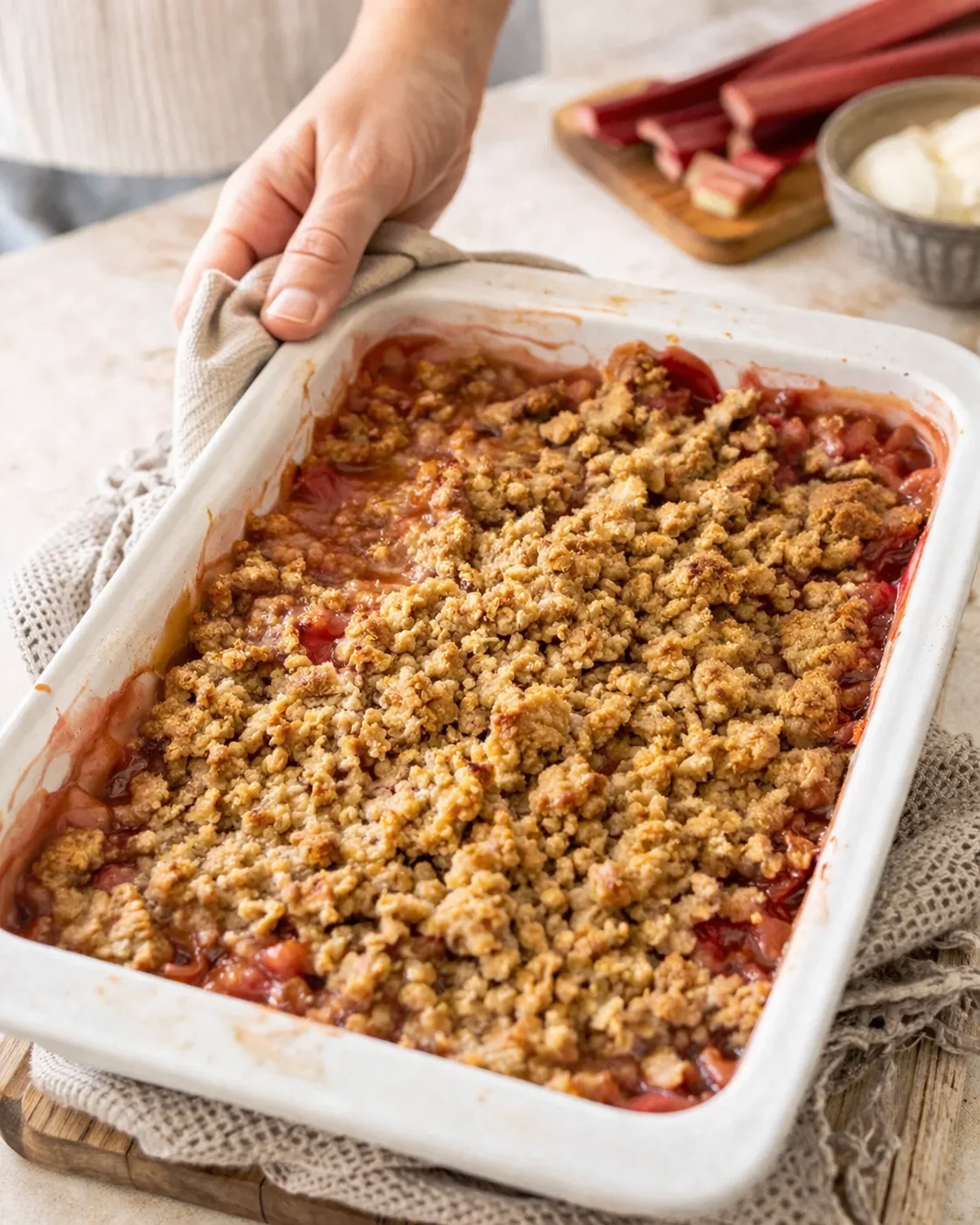 baked fruit crumble in a white casserole dish with golden crumb topping; hand holds towel nearby