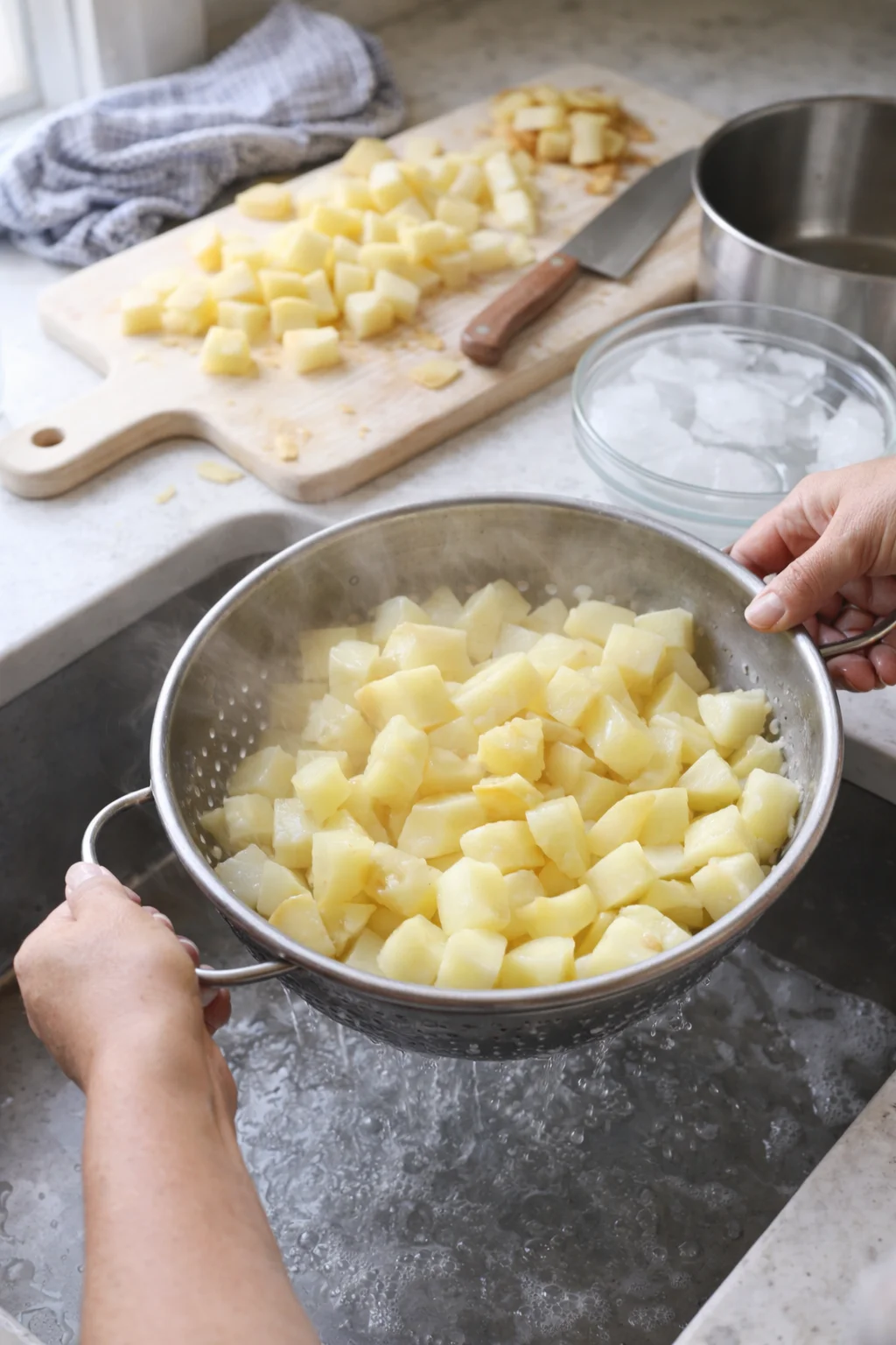 Hands hold a metal colander filled with cubed potatoes above a kitchen sink.