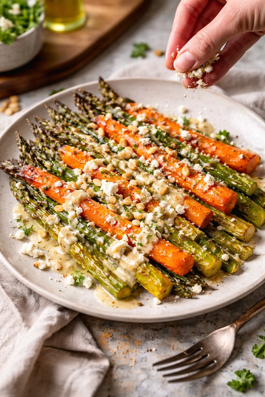 Plate of roasted asparagus and carrot batons topped with crumbled feta, pine nuts, and herbs.