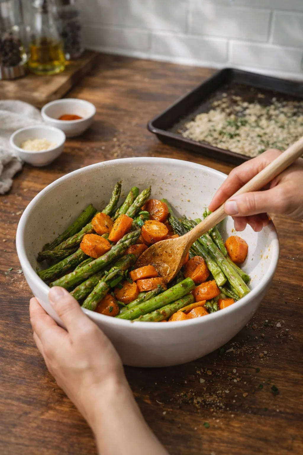 Hands stir roasted asparagus and sweet potato cubes in a white speckled bowl.