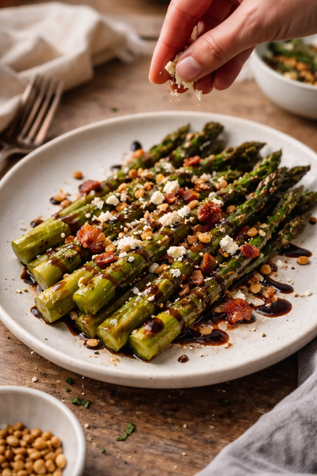 Asparagus spears on a plate topped with feta, pine nuts, and balsamic glaze