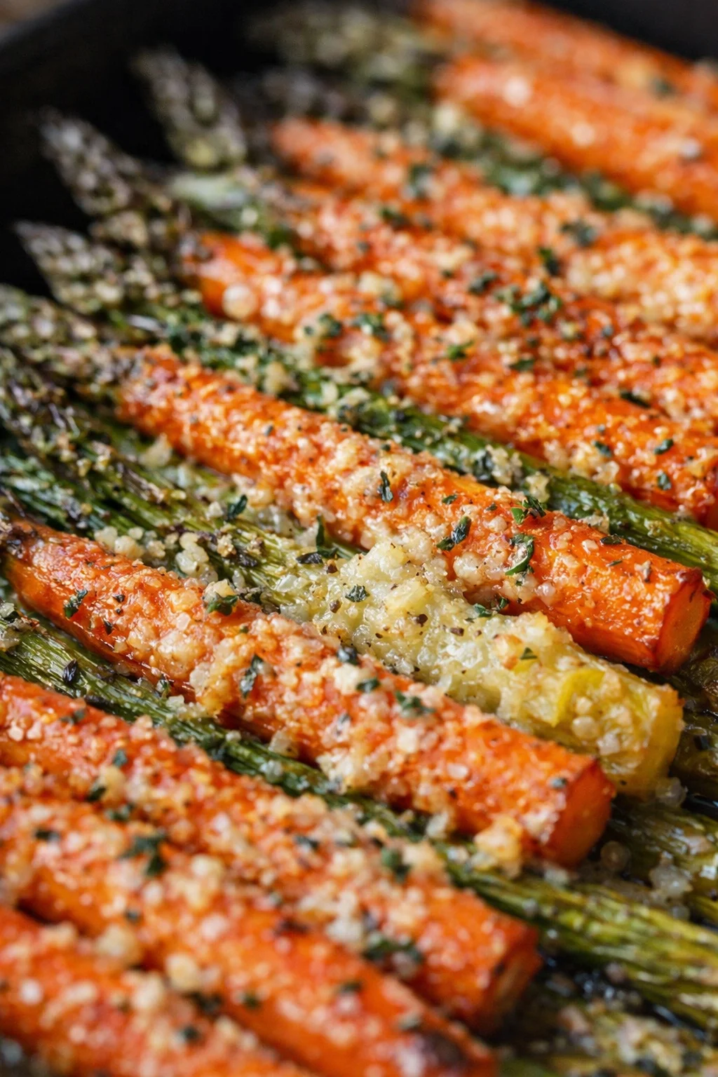 roasted asparagus spears with parmesan-breadcrumb crust on a dark baking sheet
