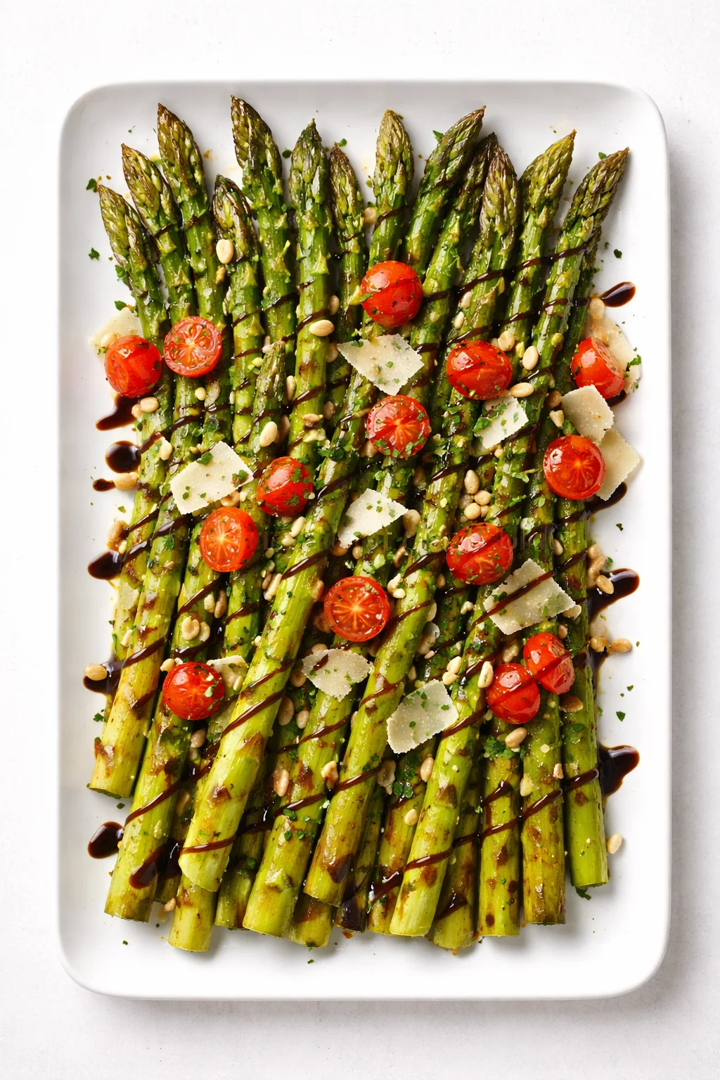 Plated roasted asparagus spears with cherry tomatoes, shaved parmesan, pine nuts, and balsamic drizzle.