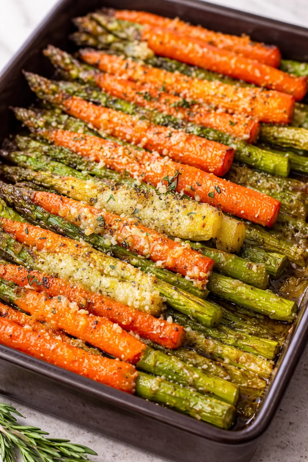 oven-roasted carrots and asparagus spears arranged in a black baking dish, sprinkled with cheese and herbs