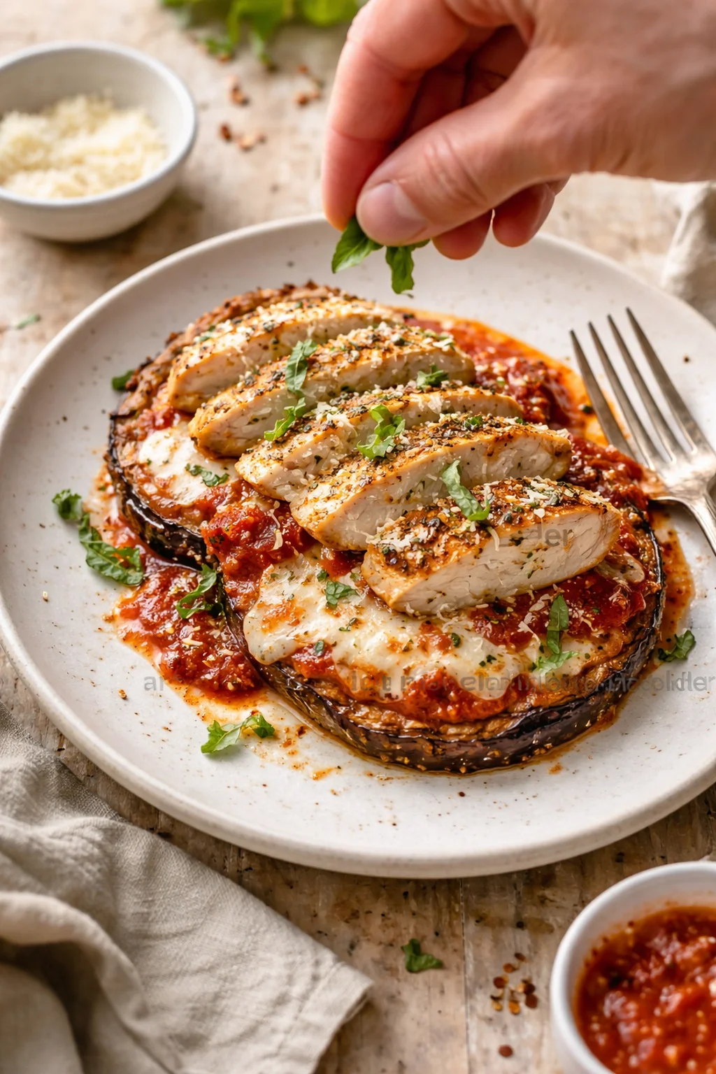 Sliced chicken on eggplant with tomato sauce and melted cheese, garnished with basil