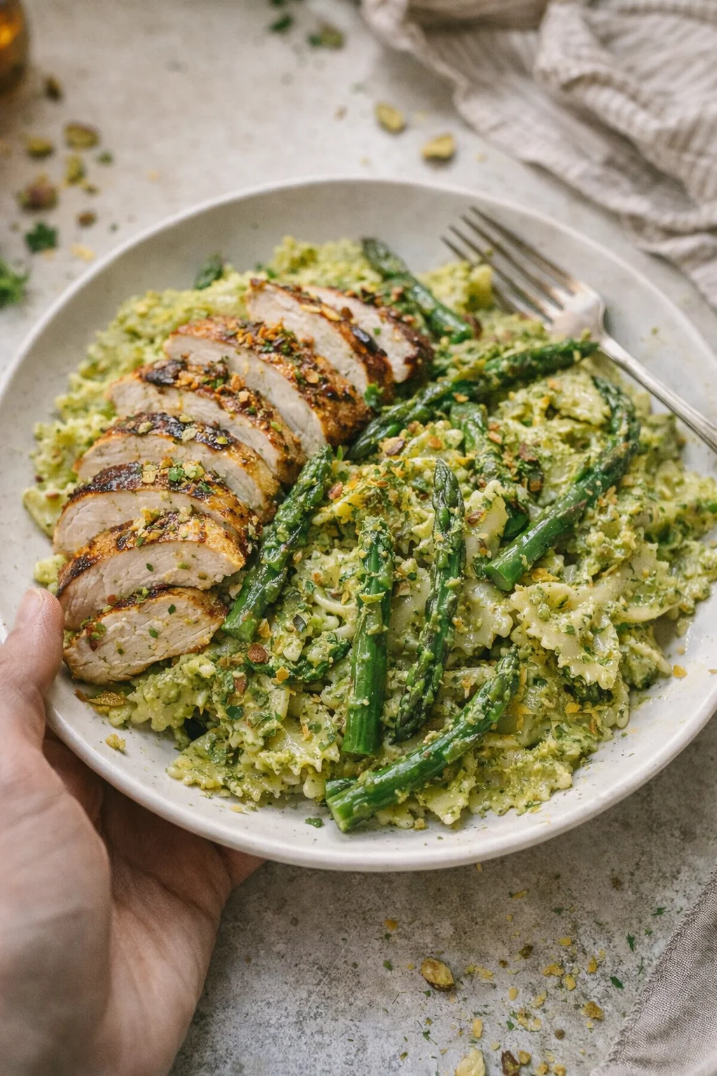 sliced roasted chicken atop creamy green risotto with asparagus on a plate