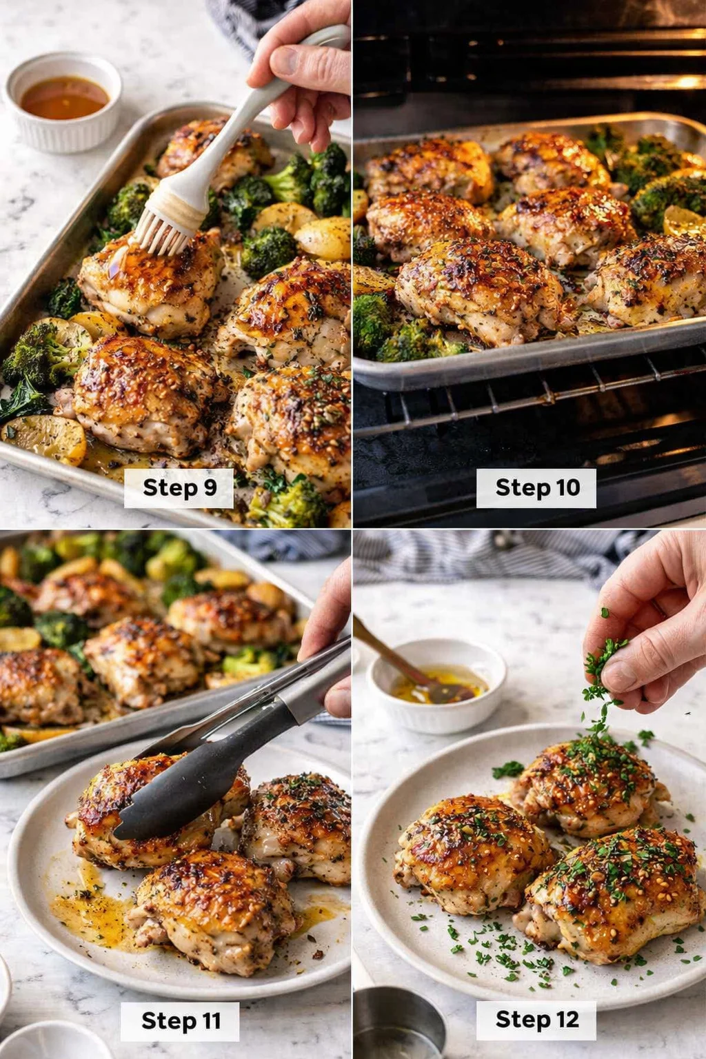Collage of step-by-step roasted chicken with broccoli and potatoes, brushed, baked, and plated with parsley.