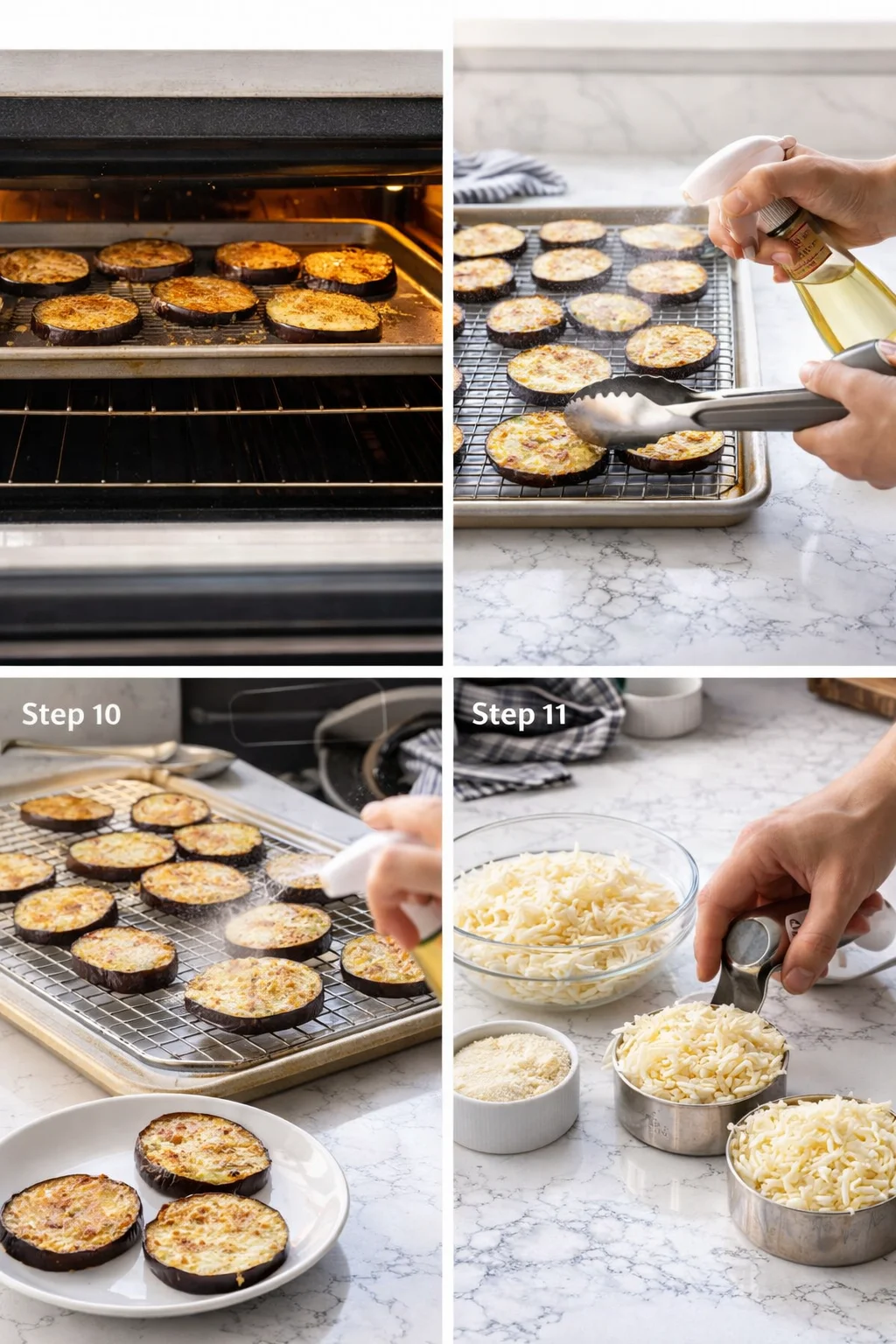 Collage showing eggplant slices roasting, oil spraying, step 10 overlay, and cheese being grated.
