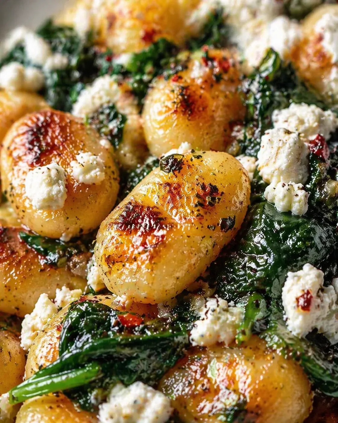 Golden-brown crispy gnocchi with wilted greens and crumbled goat cheese.
