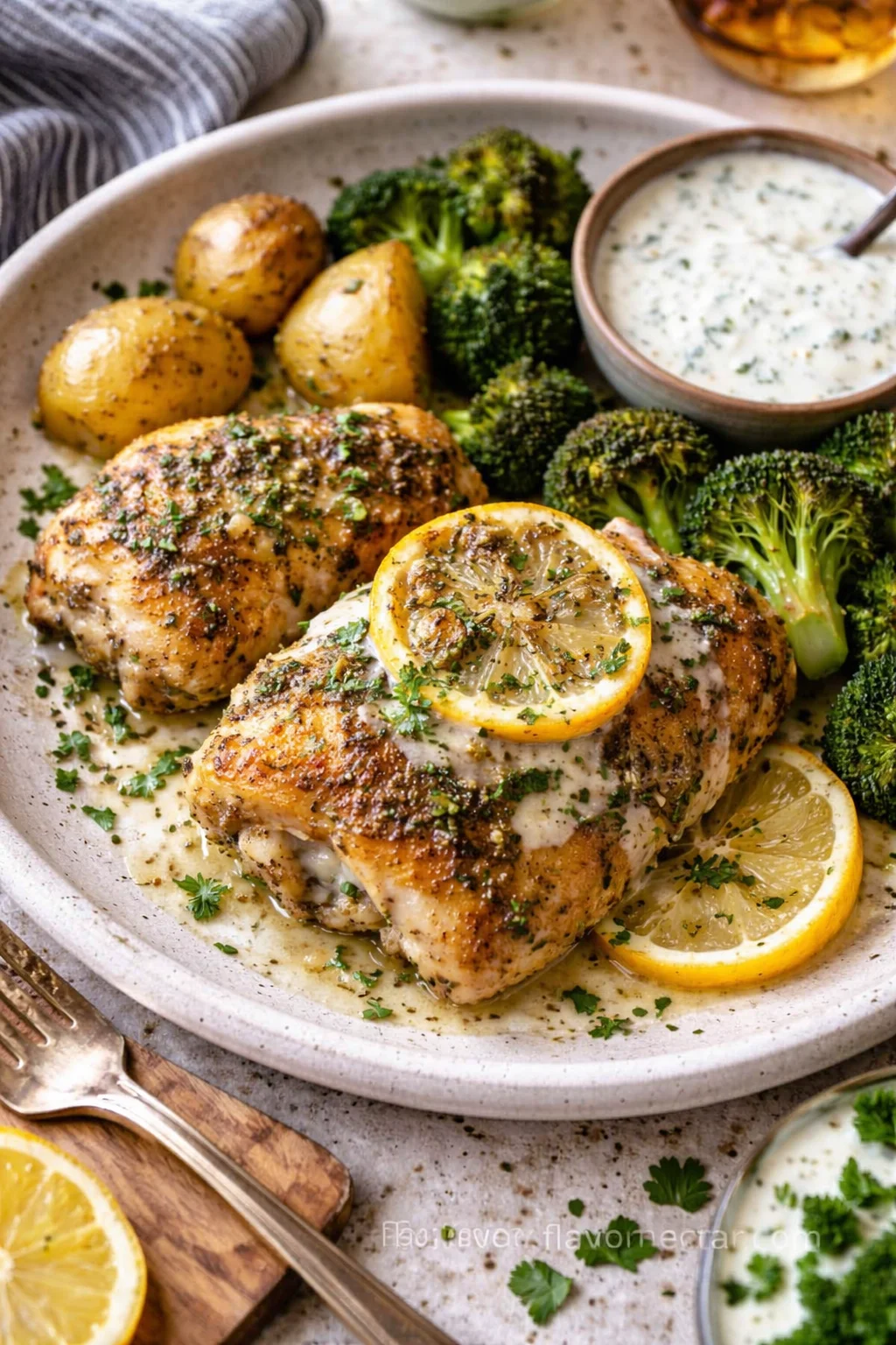 roasted lemon chicken with potatoes and broccoli on a beige plate, garnished with herbs
