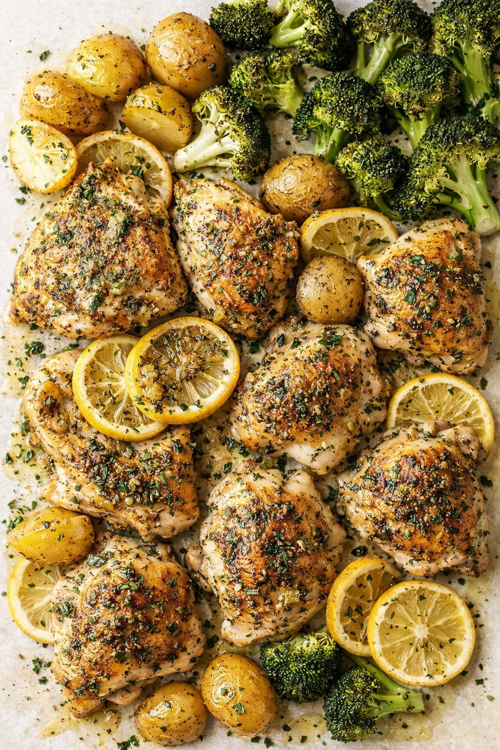 golden roasted chicken thighs with lemon slices, potatoes, and broccoli on parchment-lined sheet pan