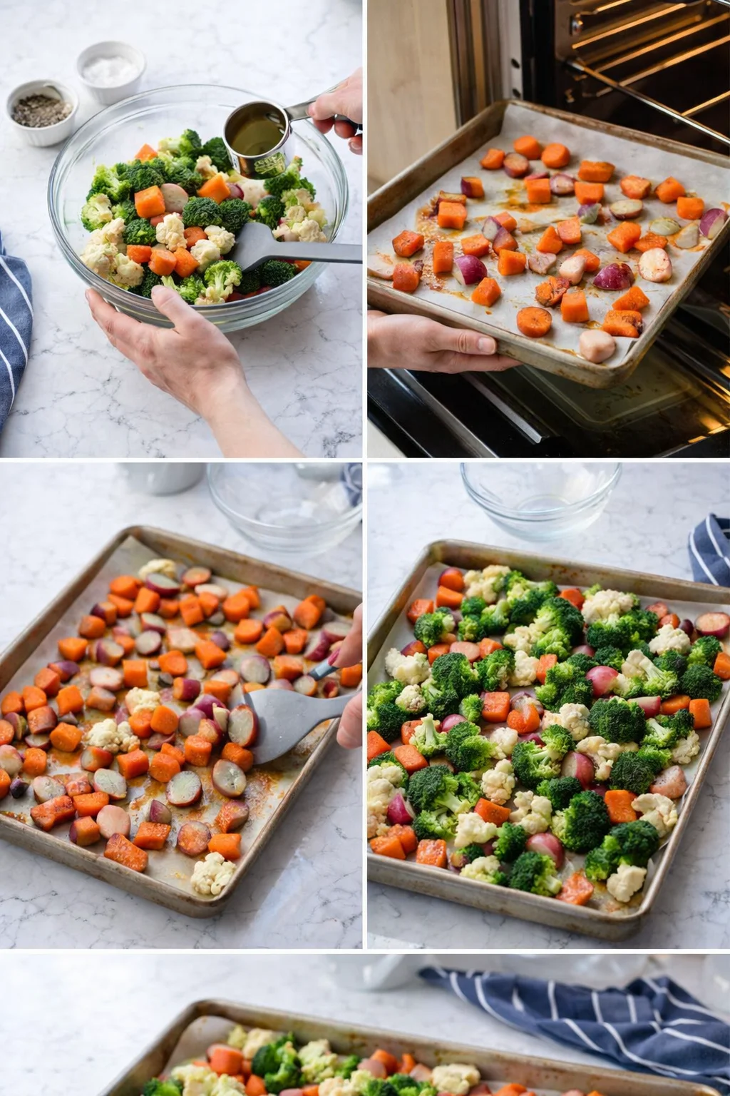 collage of hands prepping and roasting mixed vegetables (broccoli, cauliflower, carrots, potatoes) on a baking sheet