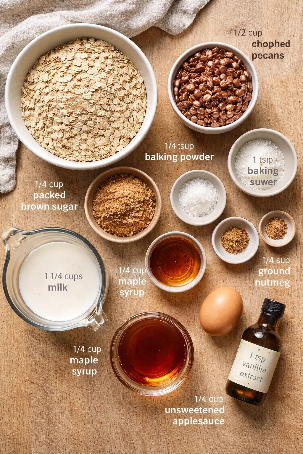 Top-down layout of oats, pecans, sugars, milk, syrups, spices and an egg on a wooden board.