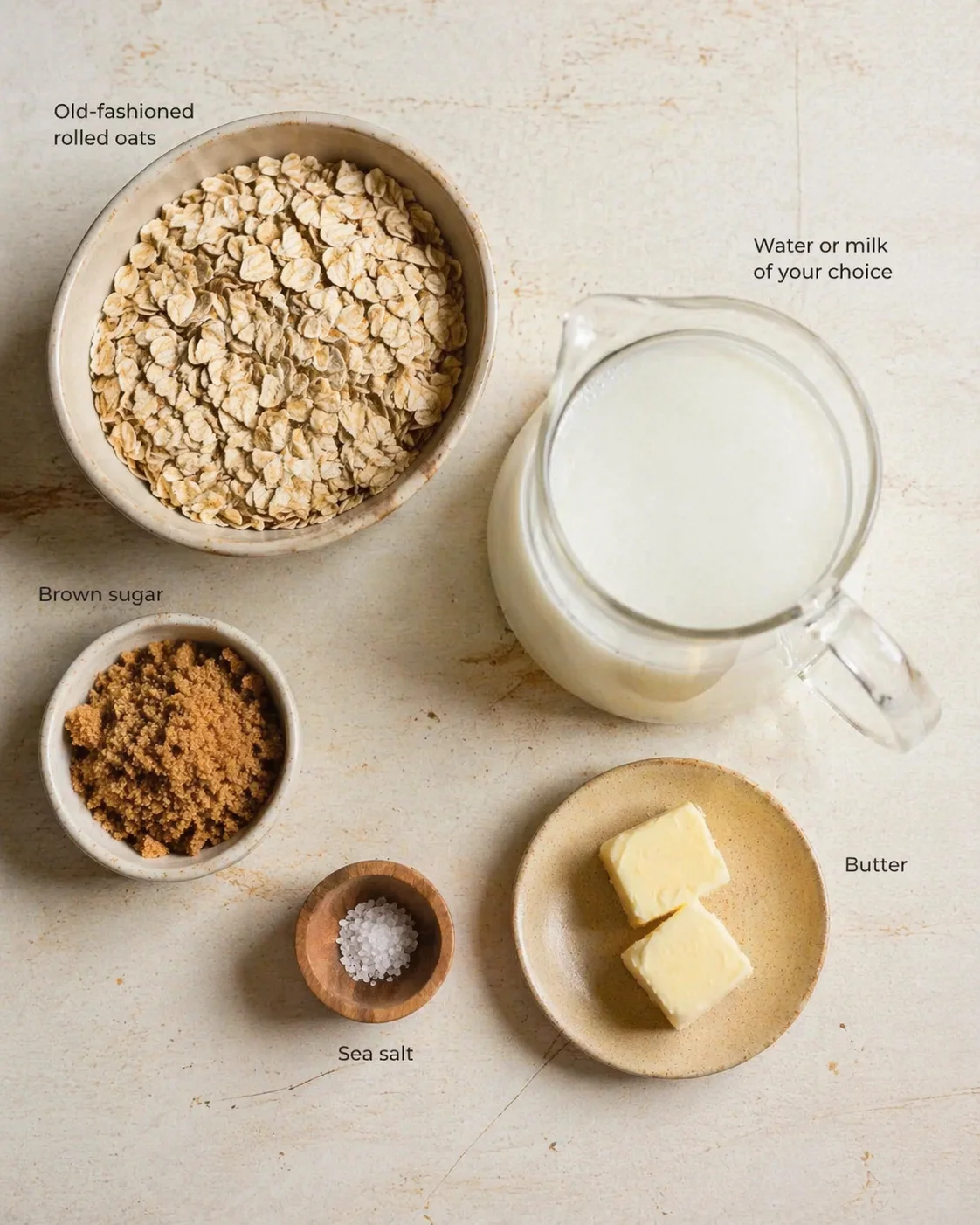 Overhead view of ingredients: oats, milk, brown sugar, sea salt, and butter on a light countertop.