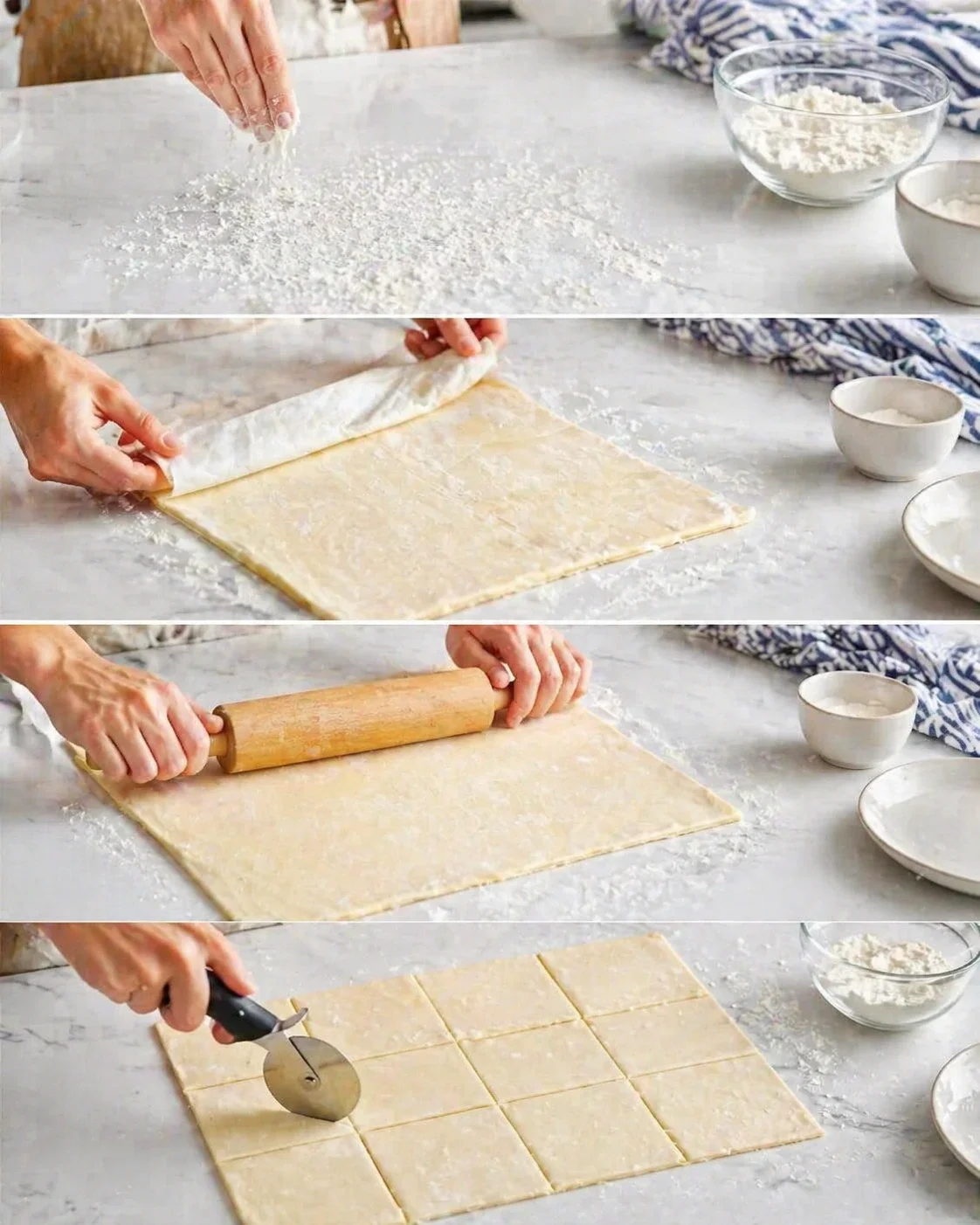 Hands dusting flour on a marble surface, rolling out dough, then cutting into squares with a pastry wheel.