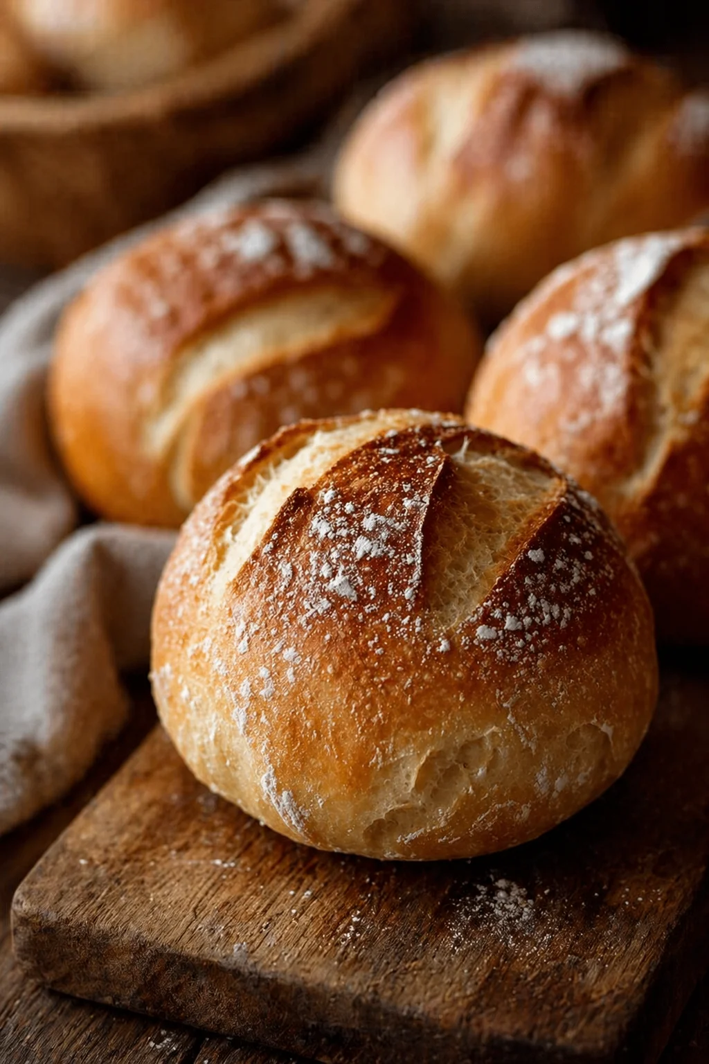 Crusty round bread rolls dusted with flour on a rustic wooden board.