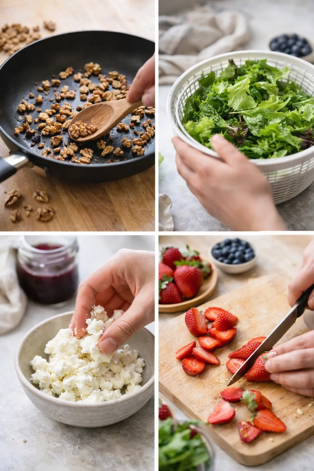 collage of four food-prep scenes: walnuts in a skillet, leafy greens in a colander, crumbled cheese, and sliced strawberries