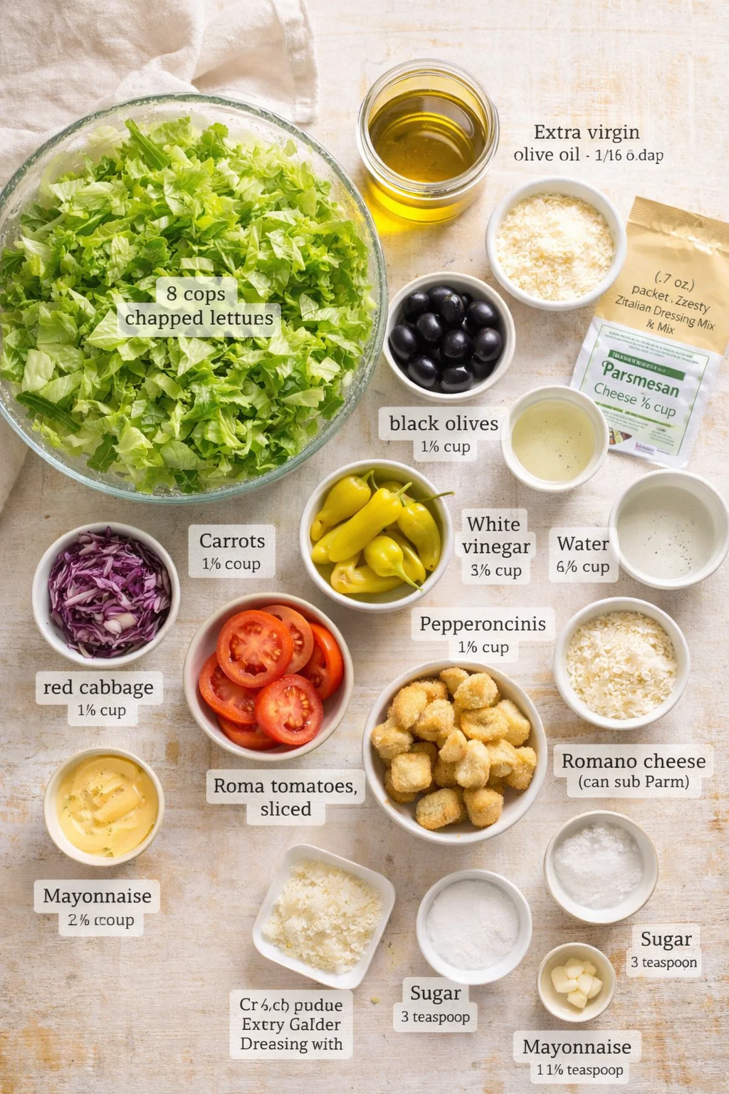 Overhead view of a lettuce bowl with labeled salad ingredients and dressings.
