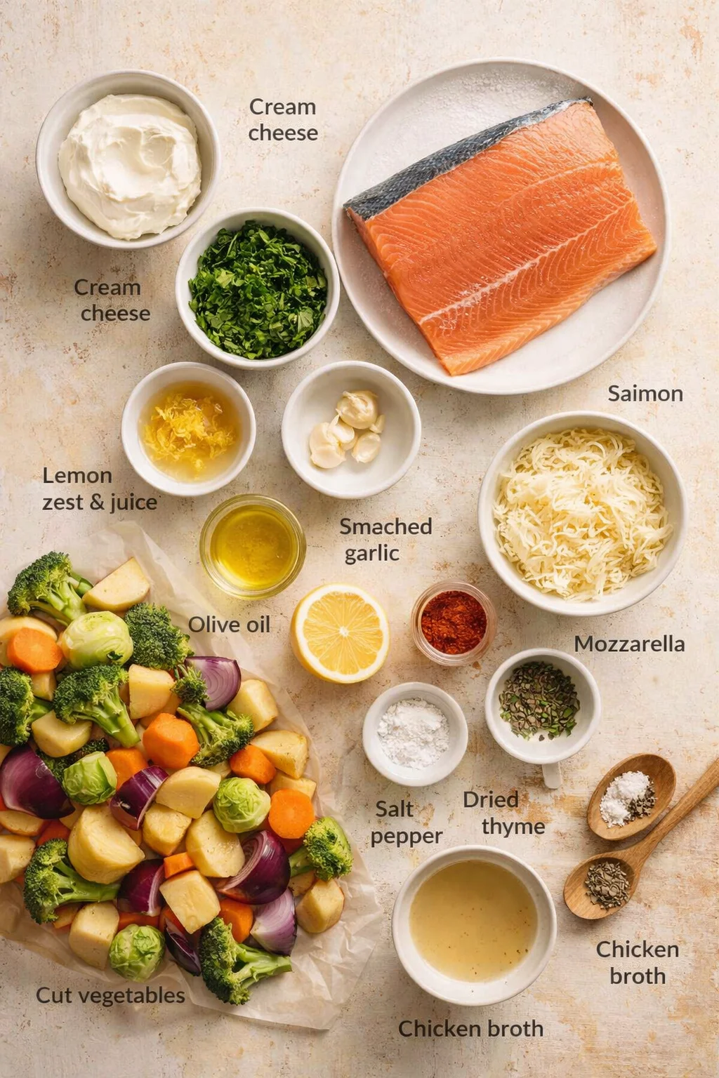 Overhead view of salmon fillet, cheeses, vegetables, and bowls of seasonings arranged on a light textured surface.