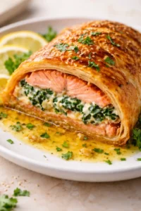 Close-up of salmon en croûte with spinach-cheese filling, sesame crust, and lemon wedges.