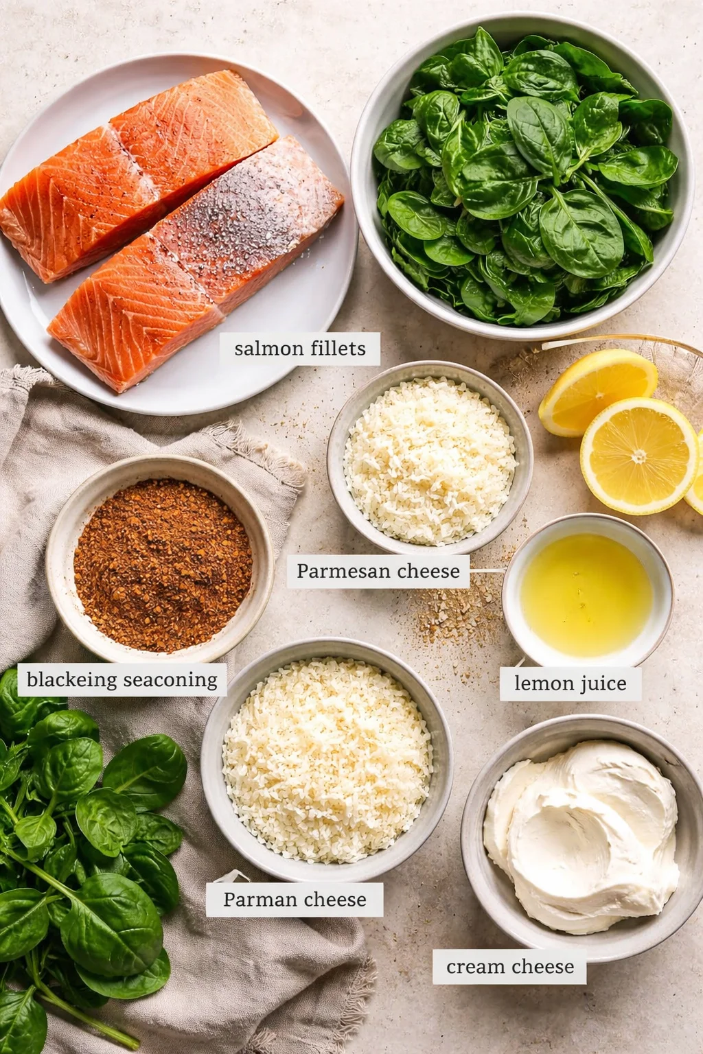 top-down view of salmon fillets, spinach, lemon wedges, parmesan and cream cheese, and seasonings arranged on a beige surface.