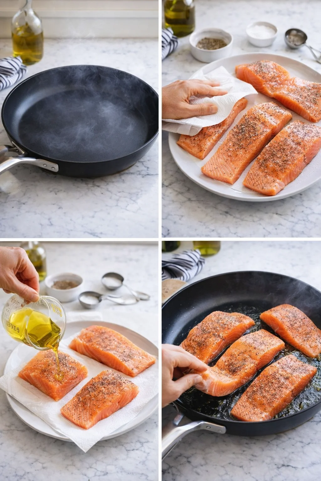 Four-panel collage showing salmon fillets seasoned, olive oil poured, and searing in a skillet on a marble countertop.