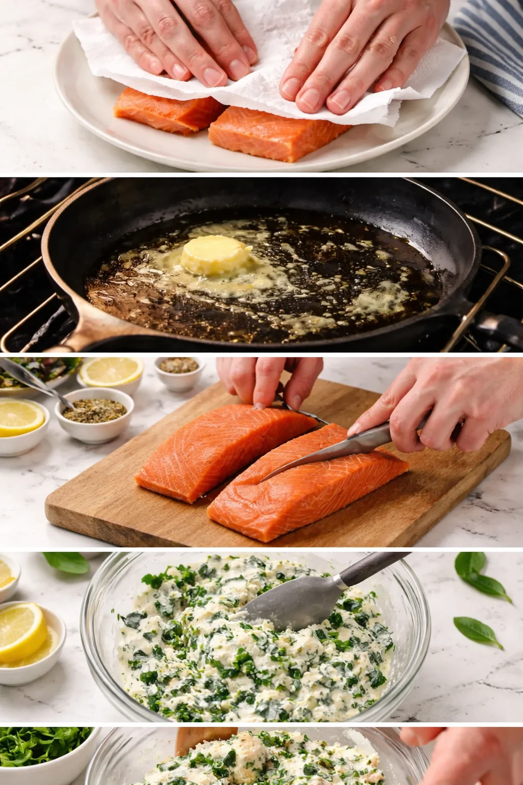 hands pat-dry salmon fillets on plate; butter is melting in skillet; cutting board with herbs nearby