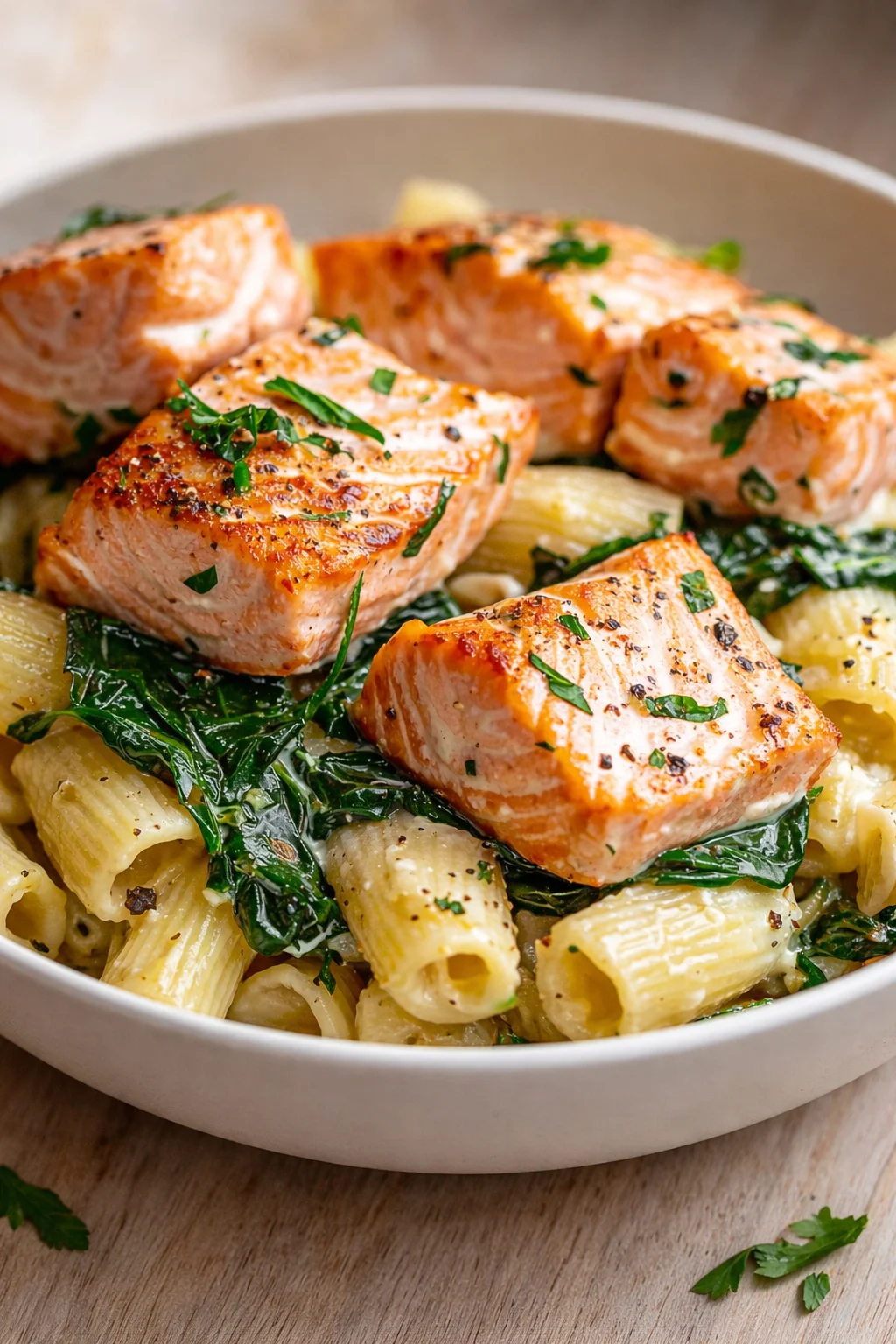 Seared salmon fillets atop creamy pasta with wilted greens in a light sauce.