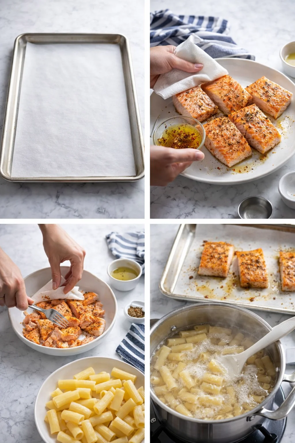 Collage showing salmon being seasoned and cut, plus pasta boiling.