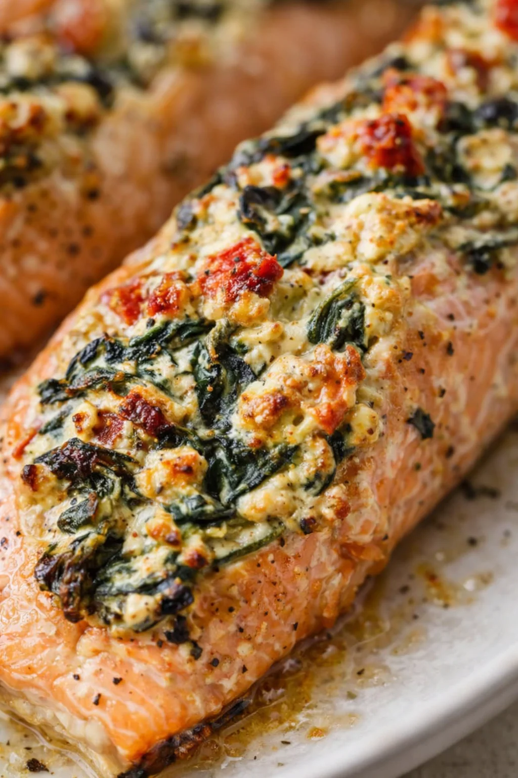 Close-up of baked salmon with spinach and cheese crust in a white baking dish.