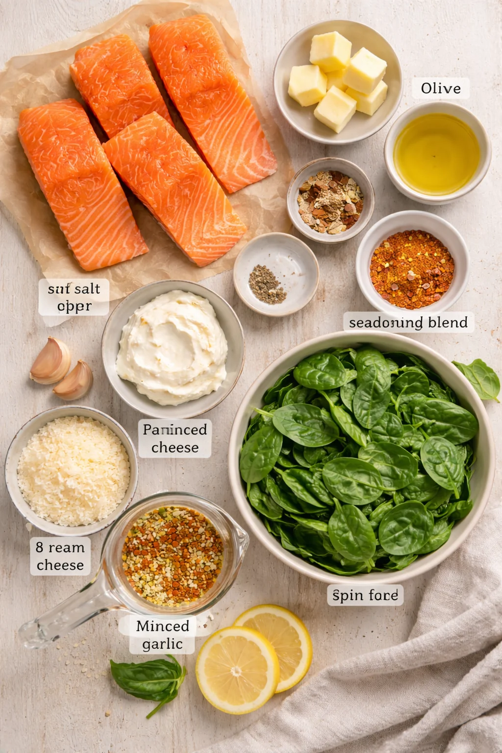 Top-down layout of raw salmon, spinach, cheeses, garlic, lemon, oil, and spices on a light wooden surface.