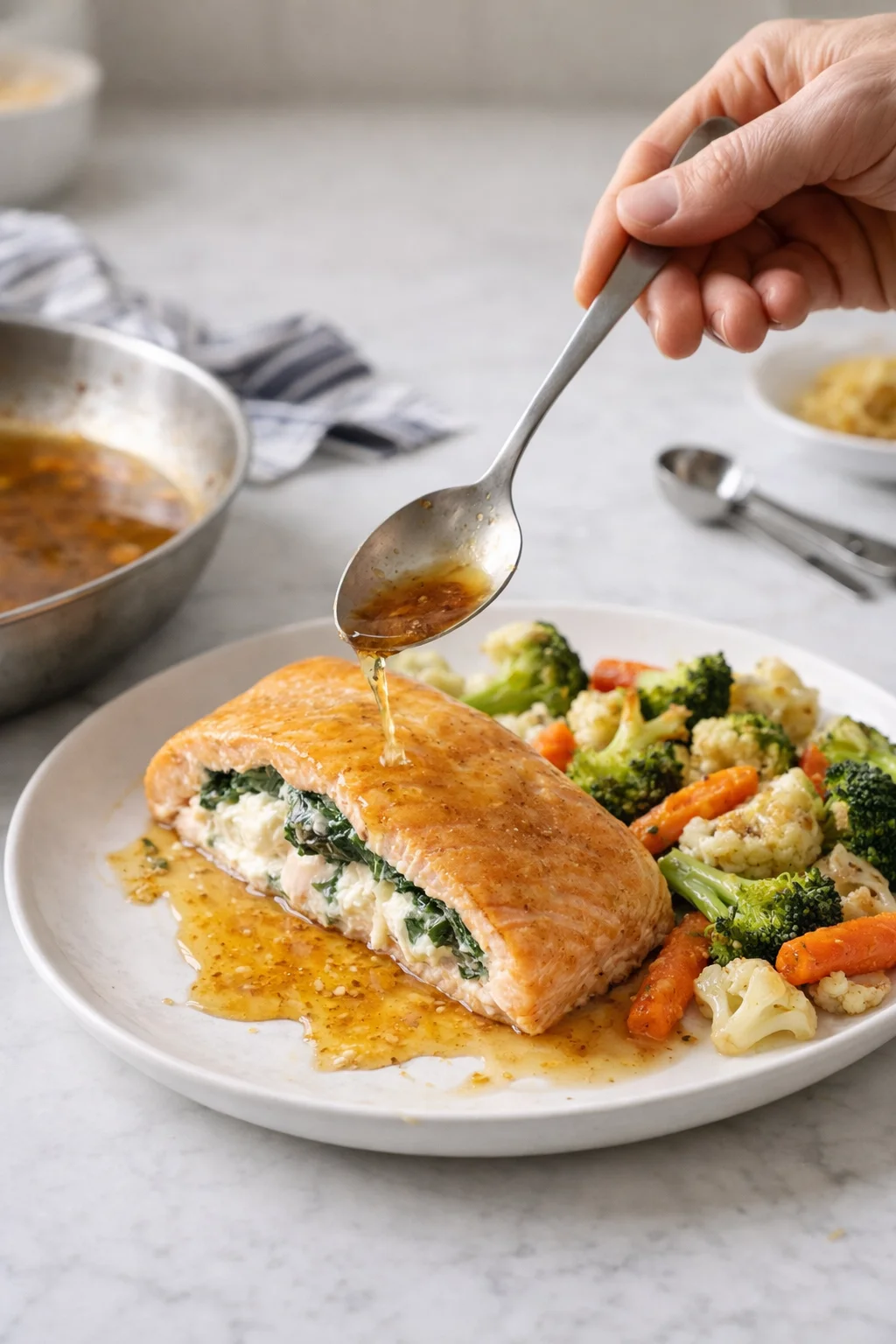 Salmon roulade stuffed with spinach on a plate with roasted broccoli and cauliflower, sauce poured