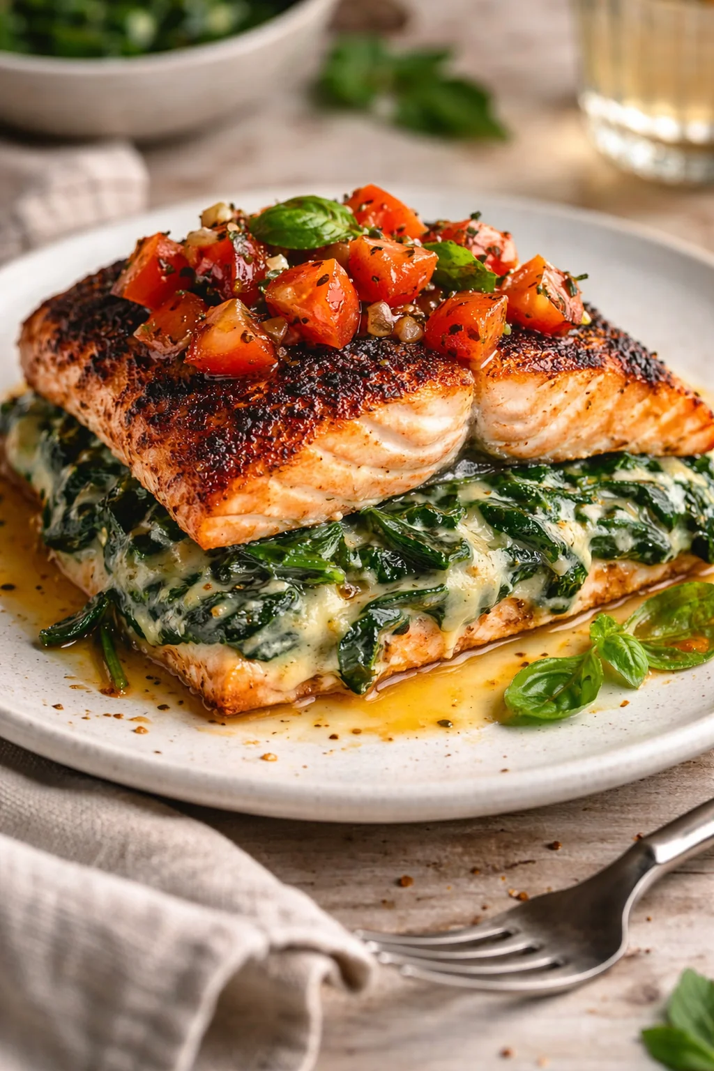 Seared salmon atop creamy spinach between toasted bread, topped with chopped tomato relish.