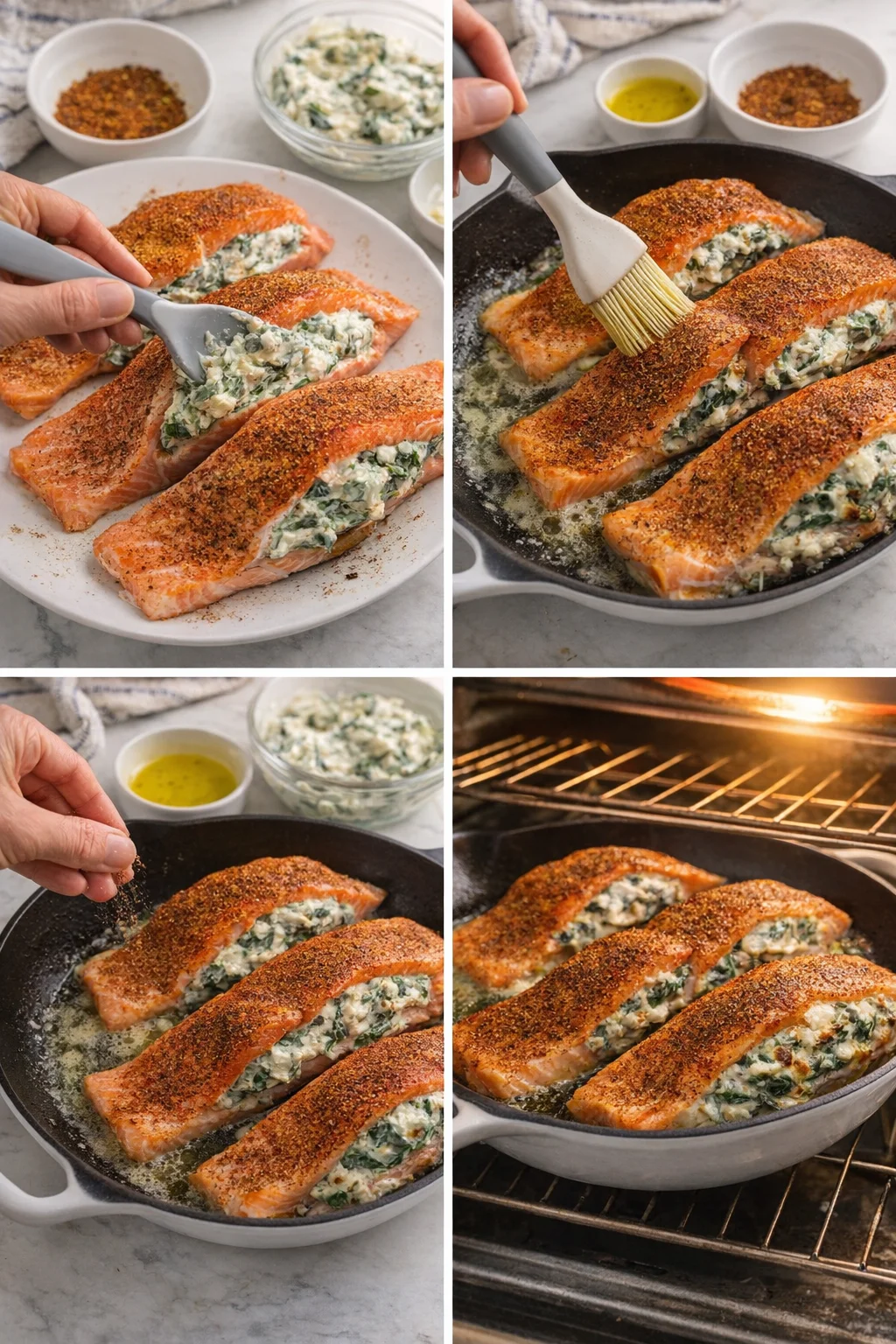 collage of salmon fillets stuffed with spinach and cheese, seasoned, brushed, and baked