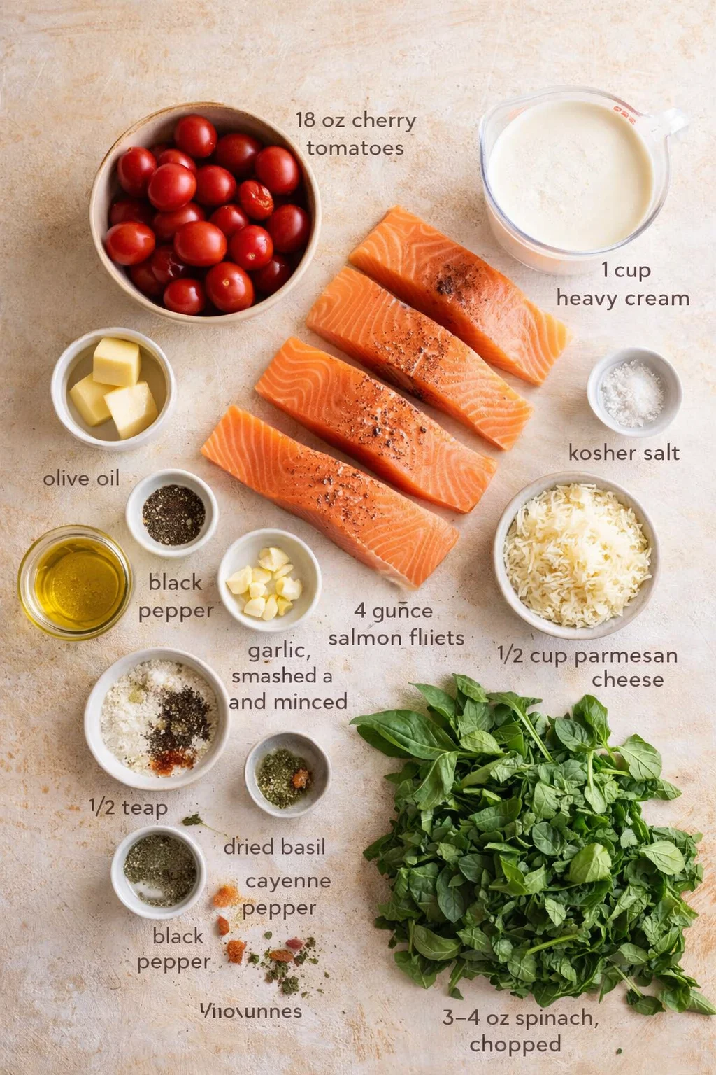 Overhead view of salmon fillets with cherry tomatoes, cream, parmesan, garlic, and greens arranged on a light textured surface.