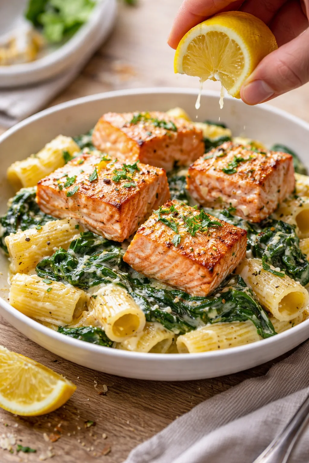 creamy spinach pasta topped with seared salmon, lemon squeezed over the dish.