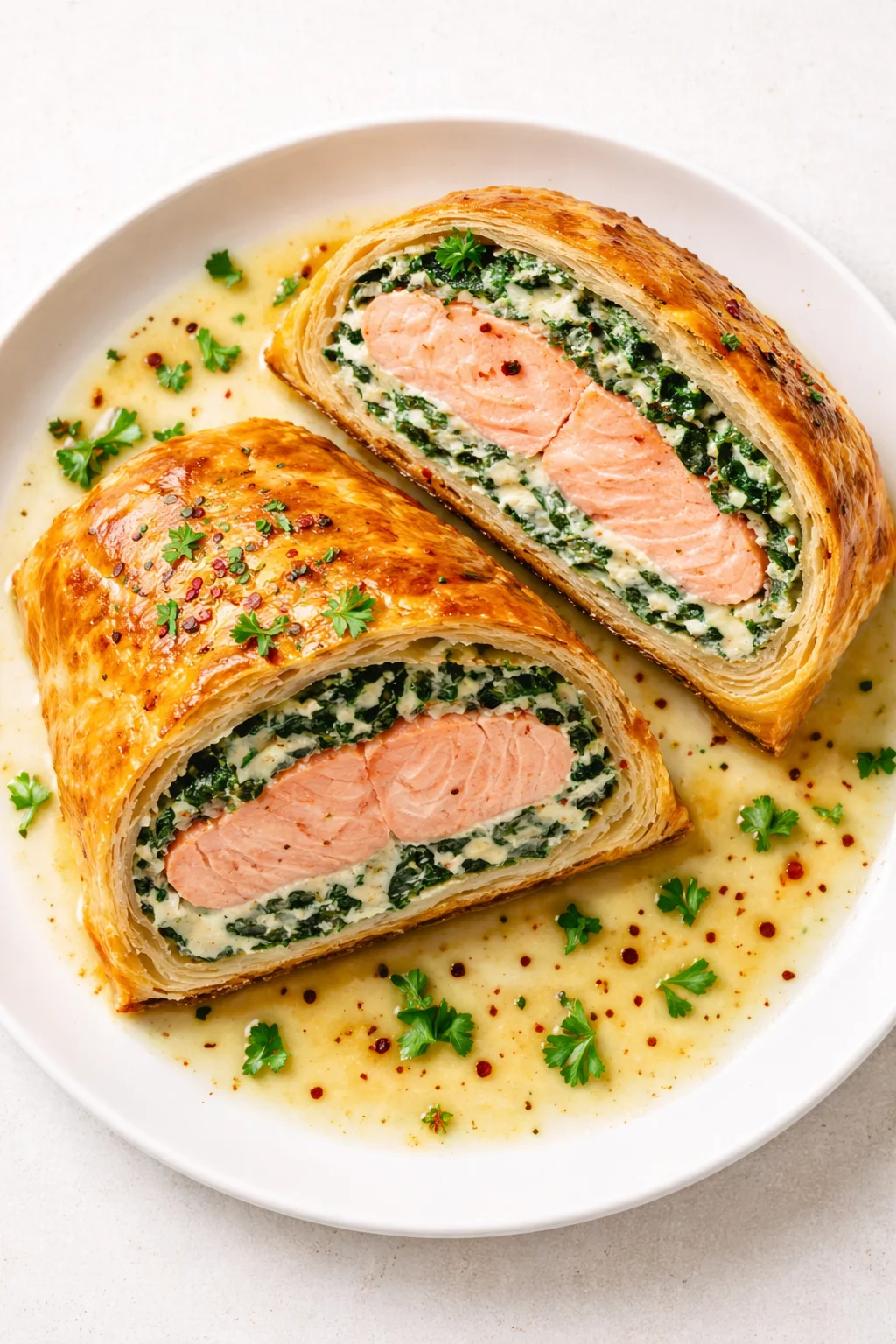 two slices of puff-pastry salmon wellington on a plate, revealing spinach-cheese filling and pink salmon