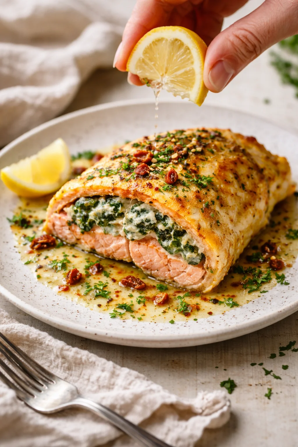 Golden pastry-wrapped salmon fillet with spinach filling on a speckled plate, lemon wedge beside.