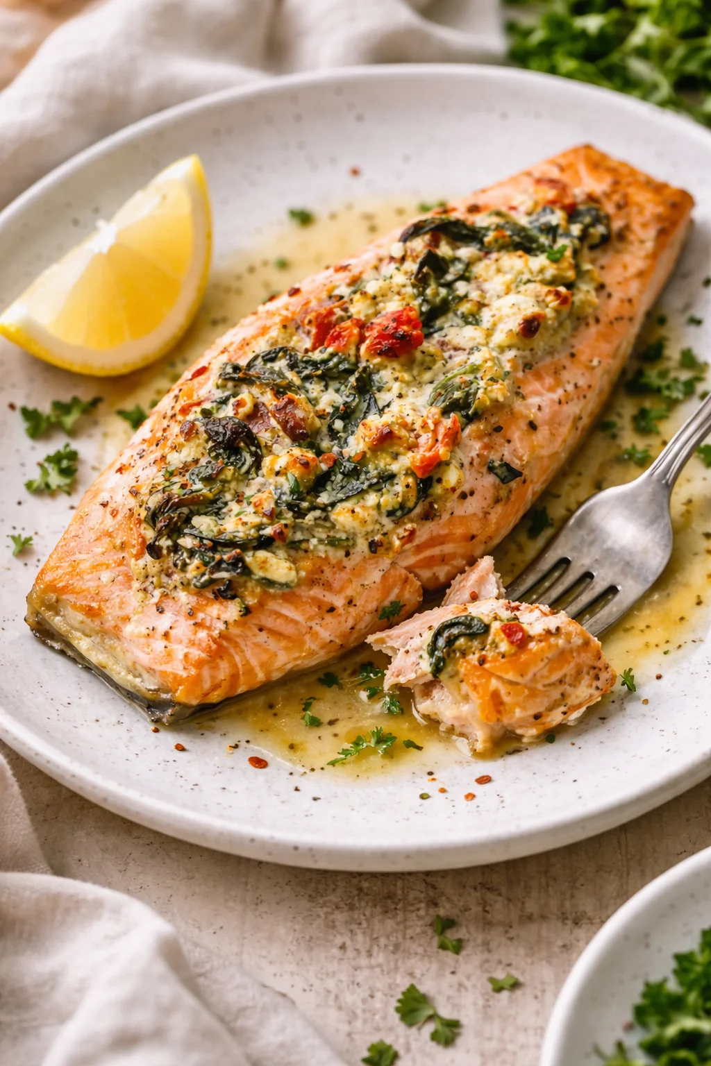 Salmon fillet with garlicky spinach-cheese topping on a speckled plate, lemon wedge nearby.